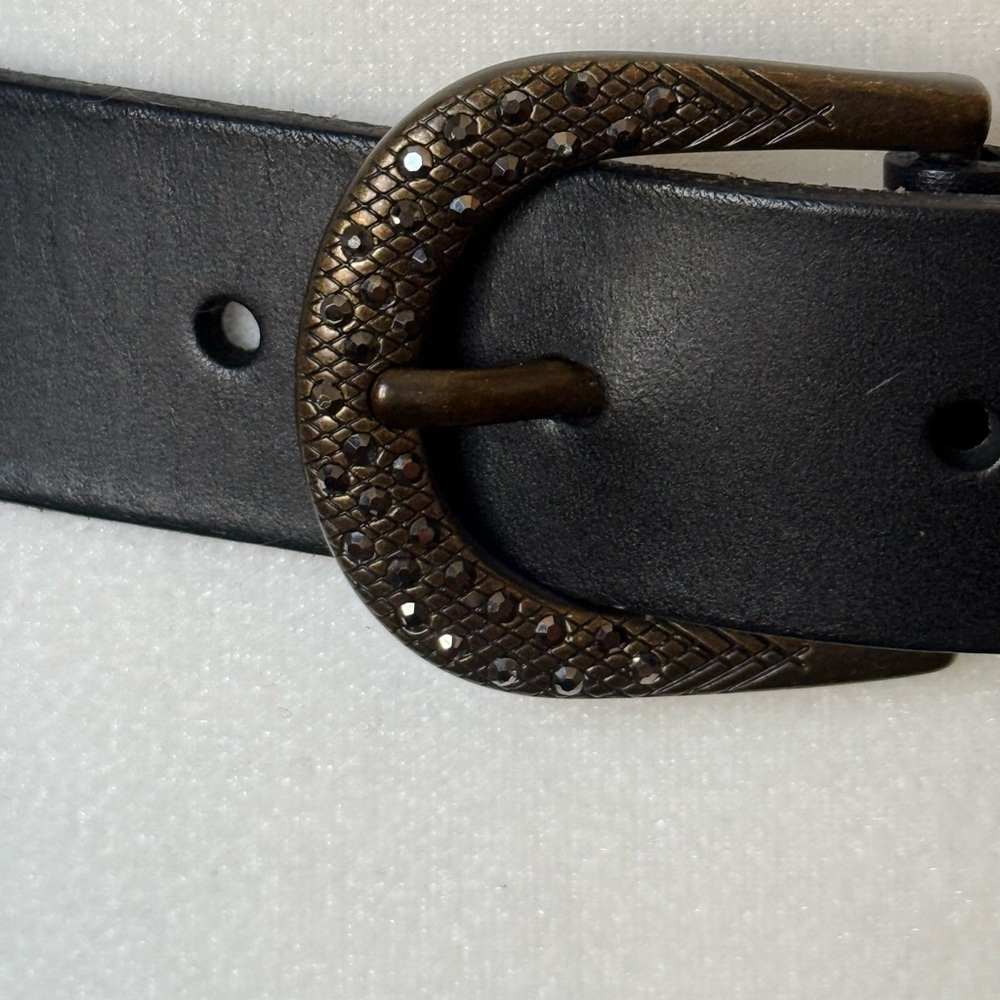 Fossil Black Leather Belt with Marcasite Stone Buckle